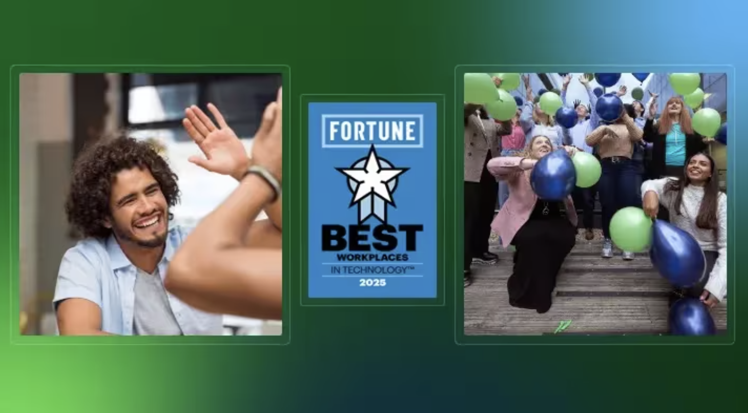 a collage of images, man, Fortune Best Workplaces in Tech logo, and people with balloons