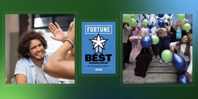 a collage of images, man, Fortune Best Workplaces in Tech logo, and people with balloons