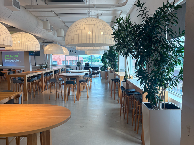 a room with tables and chairs and a plant