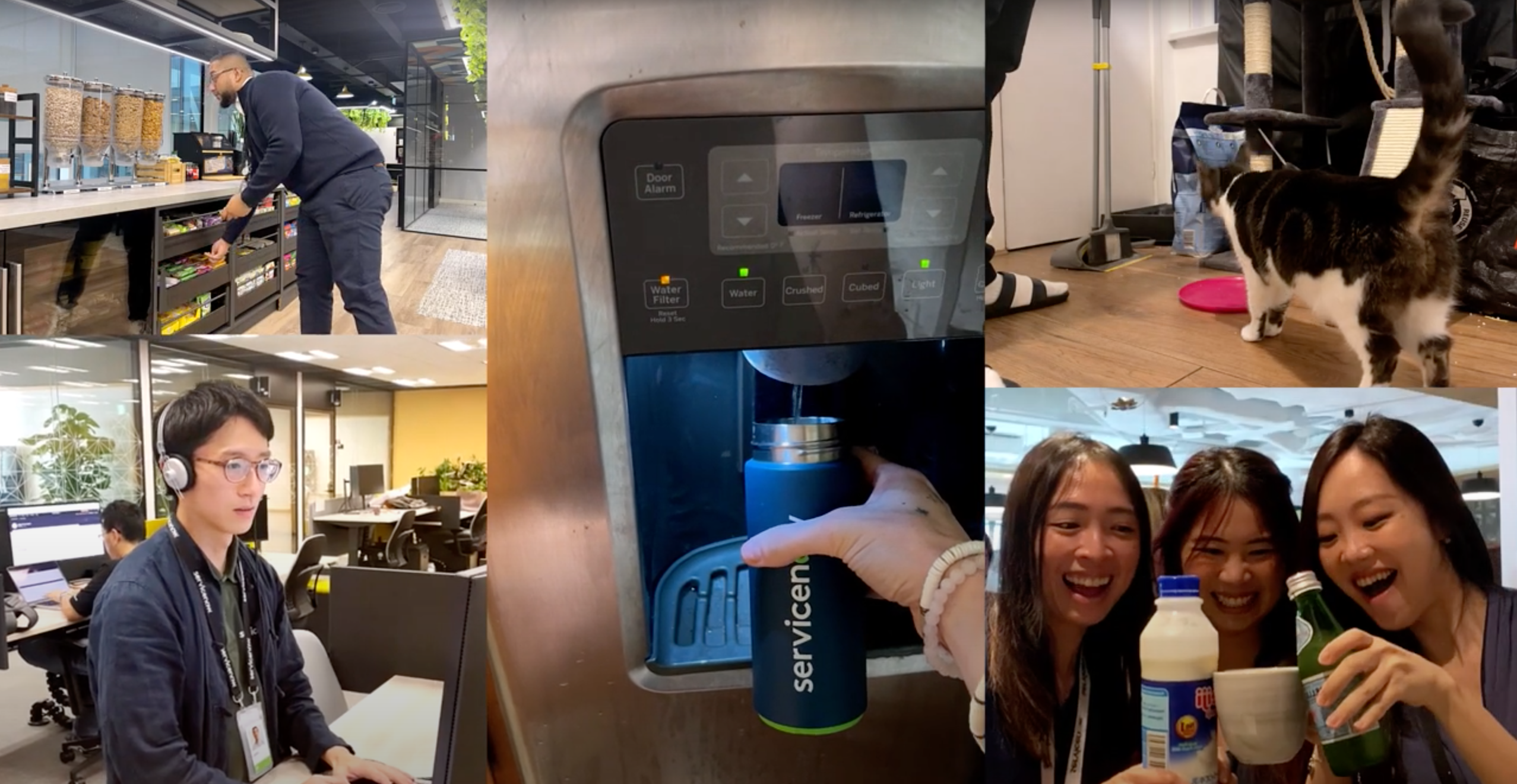 a group of people using a water dispenser